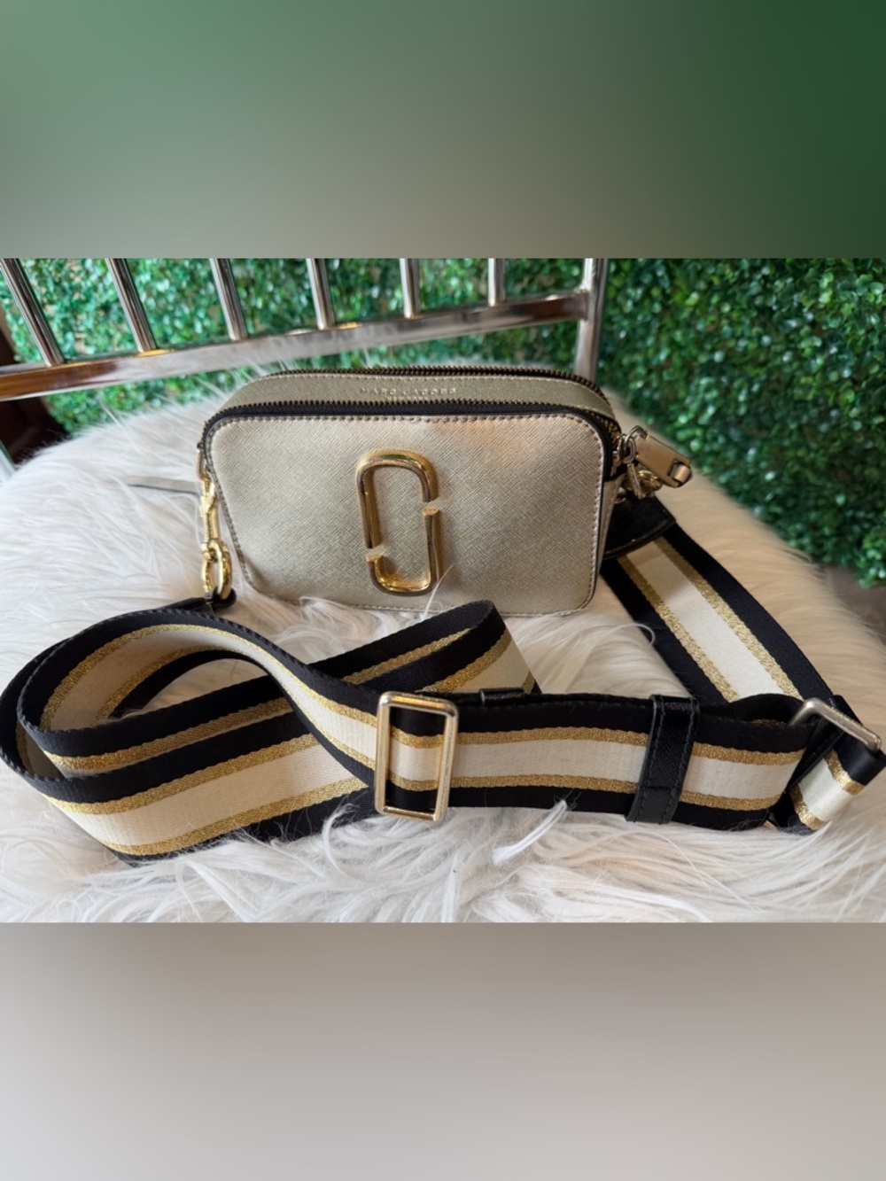 Marc Jacobs Metallic Gold Snapshot Camera Bag Crossbody with Striped Strap